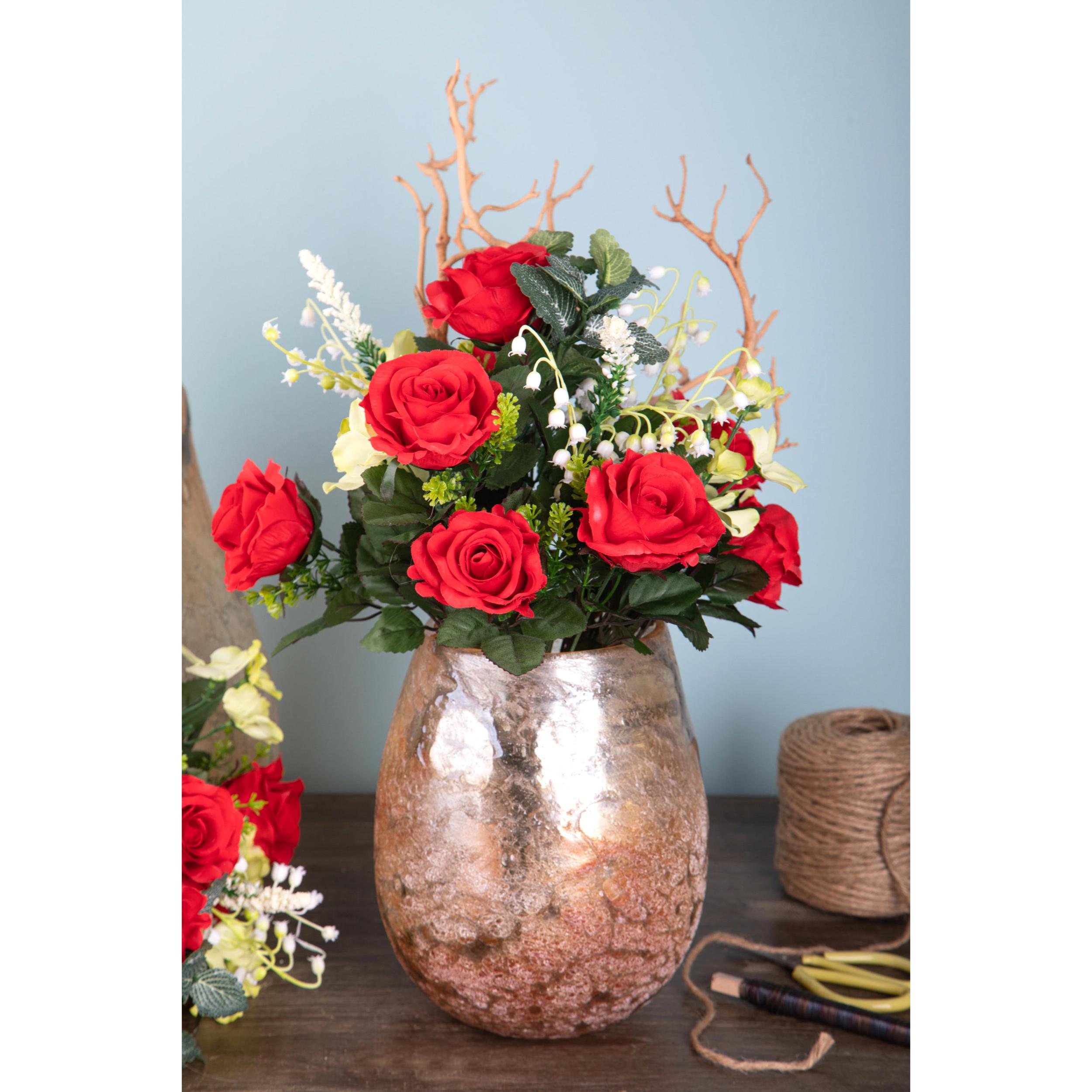 Bouquet Rose Con Mughetti. Altezza 43 Cm - Pezzi 2 - 24X43X20cm - Colore: Rosso - Bianchi Dino - Fiori Artificiali