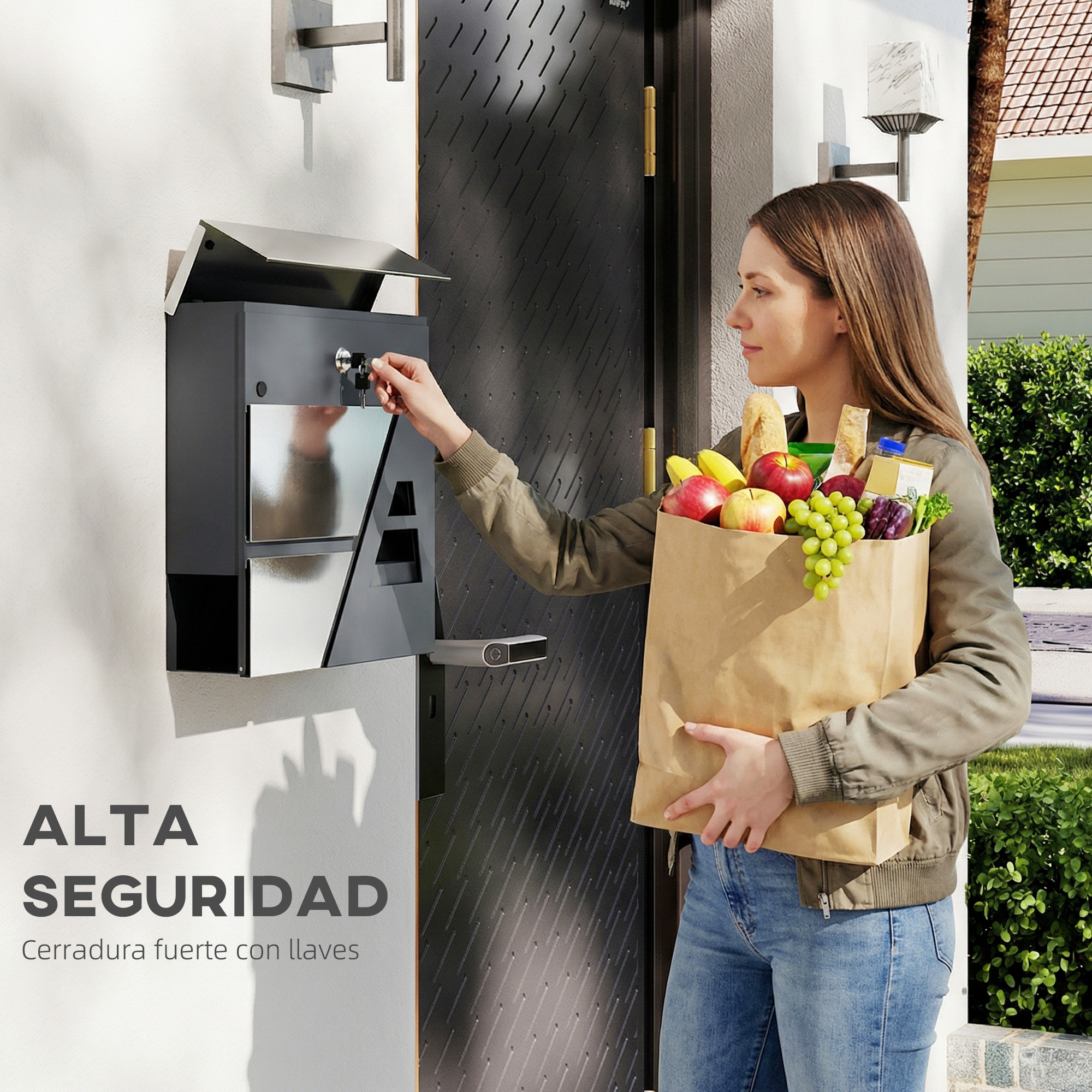 Buzón Exterior de Acero Inoxidable, 13 L, Buzón de Pared Correo con Cerradura y 2 Llaves, Cierre Silencioso, Tapa Antilluvia, Soporte para Periódicos, Moderno, Fácil de Instalar, Gris Oscuro