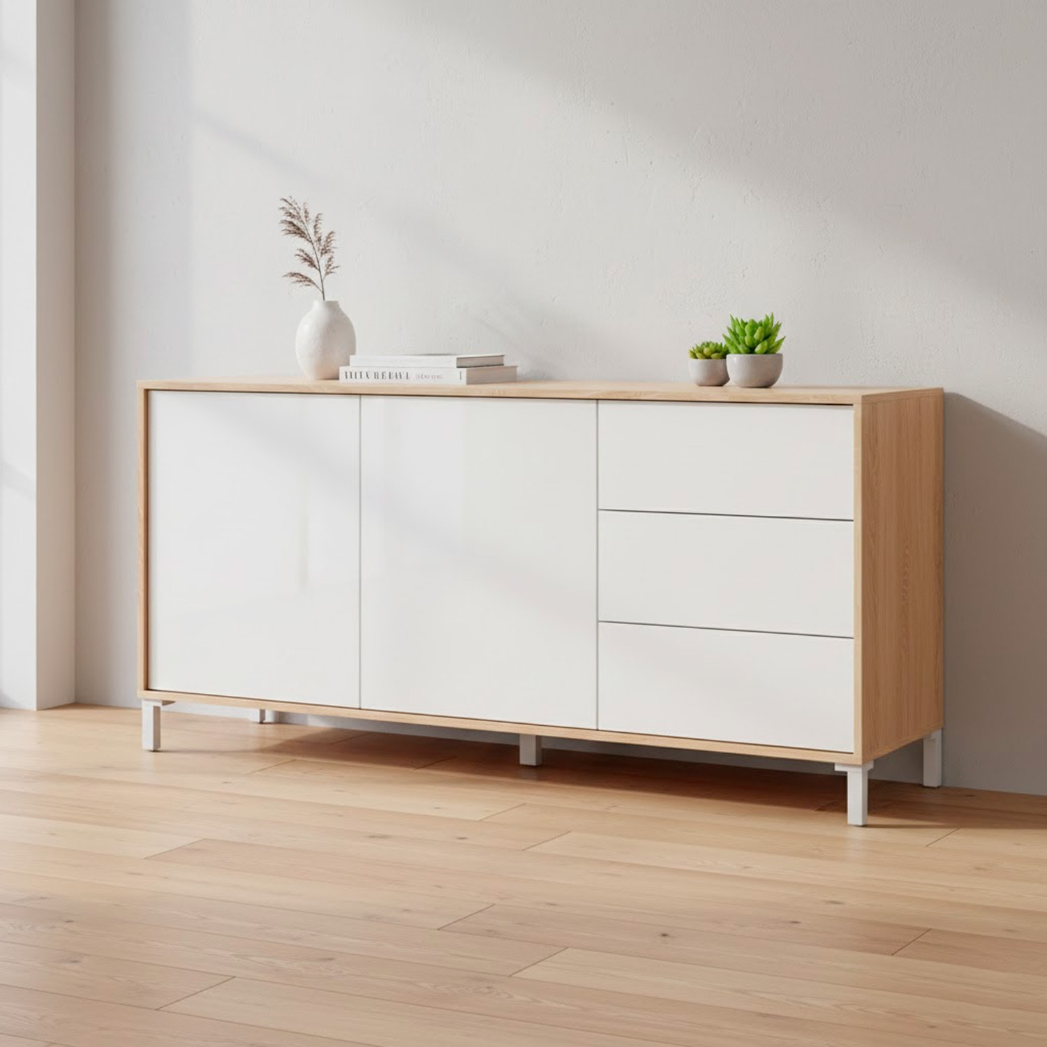 Credenza Madia Con 2 Ante E 3 Cassetti Mobile Contenitore Moderno Con Ripiani Interni Guide In Metallo E Piedini ABS 154 x 41 x 75 Cm Rovere E Bianco