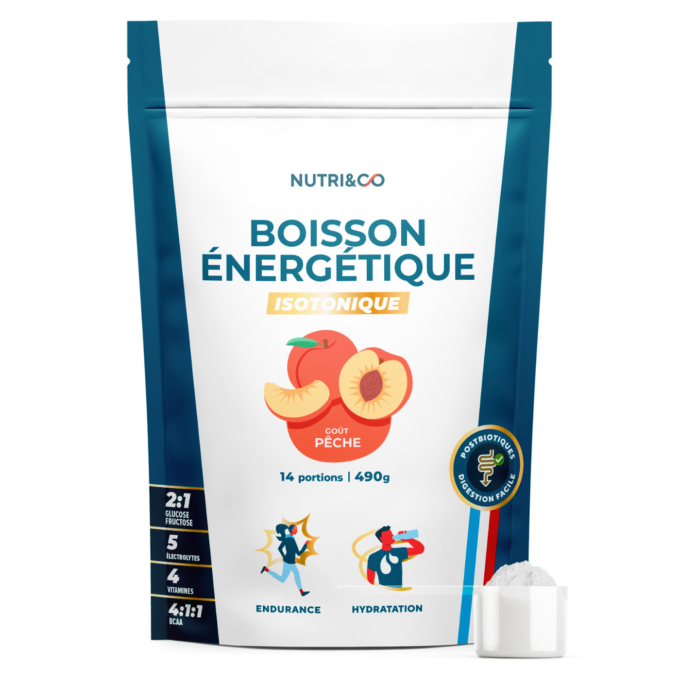 NUTRI & CO Boisson Énergétique Isotonique en Poudre – Running, Vélo, Hyrox – 490g goût pêche