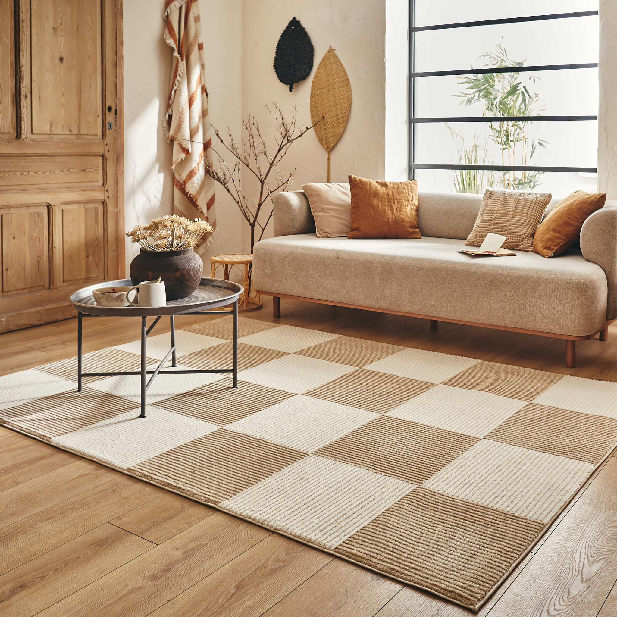 BIANCA - Tapis motif carreaux en relief crème et beige