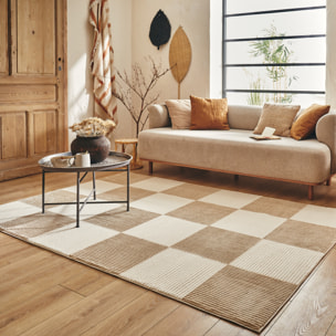 BIANCA - Tapis motif carreaux en relief crème et beige