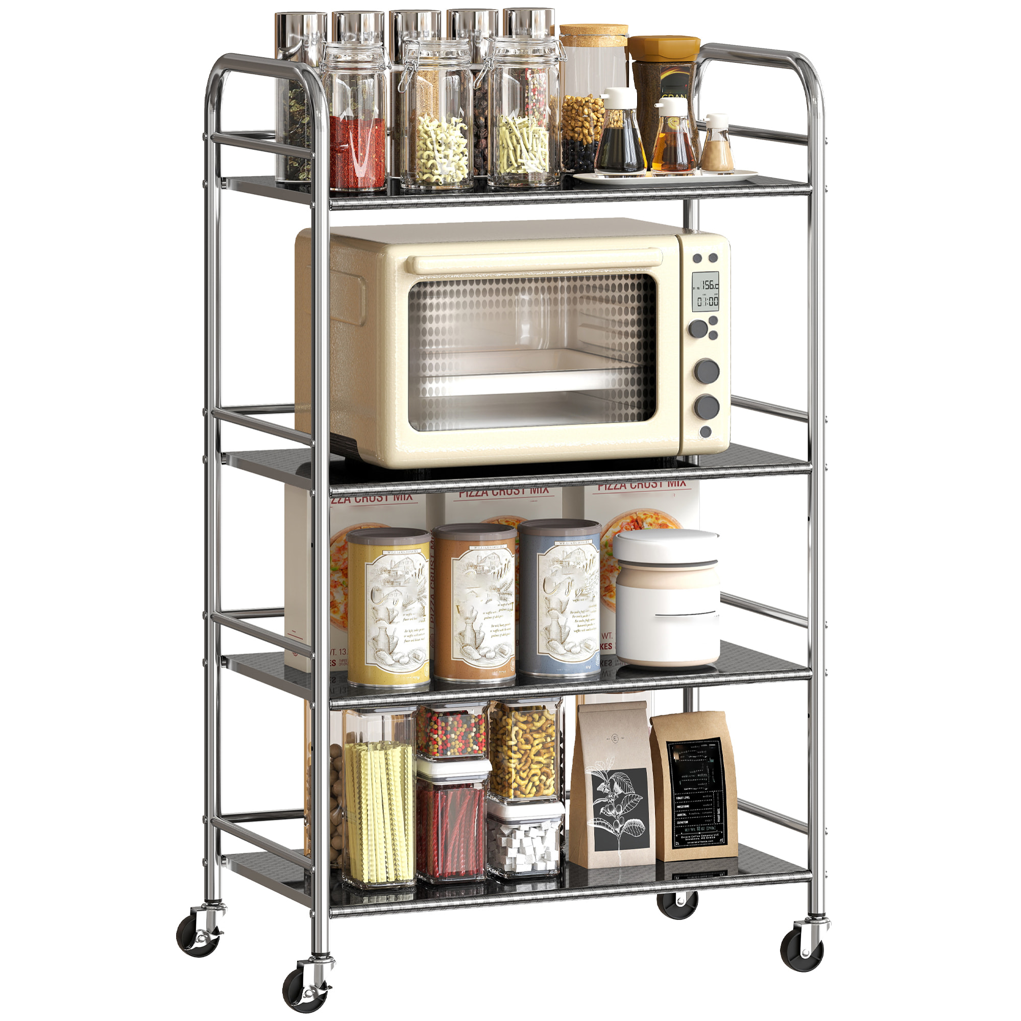 Carrito Auxiliar con Ruedas de Acero Inoxidable, Carro de Servicio de 4 Niveles con Estantes Ajustables, 4 Ruedas, Carrito para Cocina, Restaurante, 60x35x100 cm, Plata