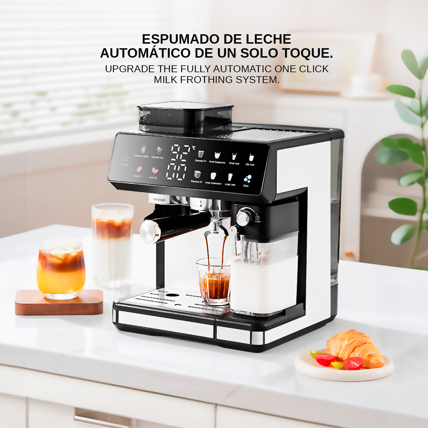 Cafetera de 1350W con 20 niveles de molido y sistema dual para café frío o caliente. Pantalla táctil, varilla de vapor, 20 bar de presión y tanque de 2,7 L.