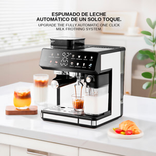 Cafetera de 1350W con 20 niveles de molido y sistema dual para café frío o caliente. Pantalla táctil, varilla de vapor, 20 bar de presión y tanque de 2,7 L.