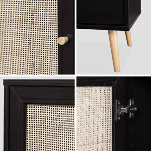 Meuble de rangement en cannage 80x39x65.8cm  Bohème - Noir -  2 niveaux - 1 porte -  pieds scandinaves. buffet bas