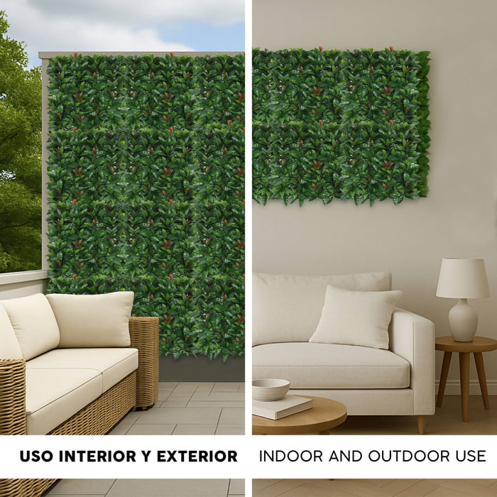 Well home jardín vertical artificial, panel de seto 100x100cm, para decoración interior y exterior - hojas verdes realistas con detalles rojos