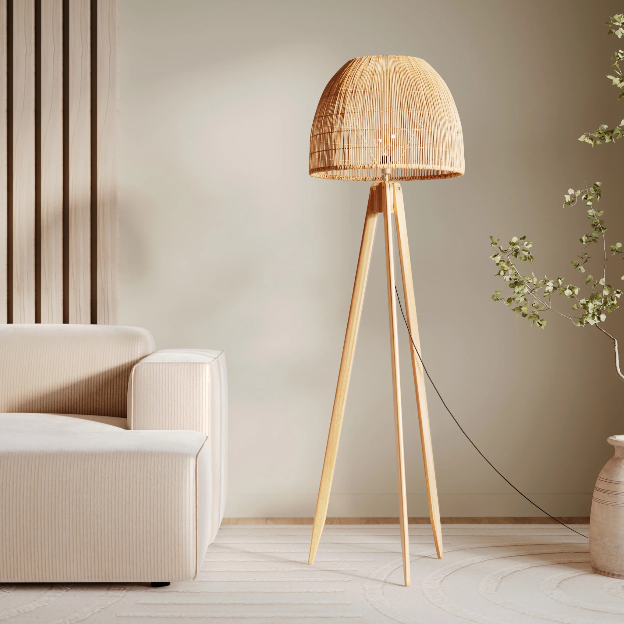 Lampadaire trépied en rotin et bois de teck massif - Corte