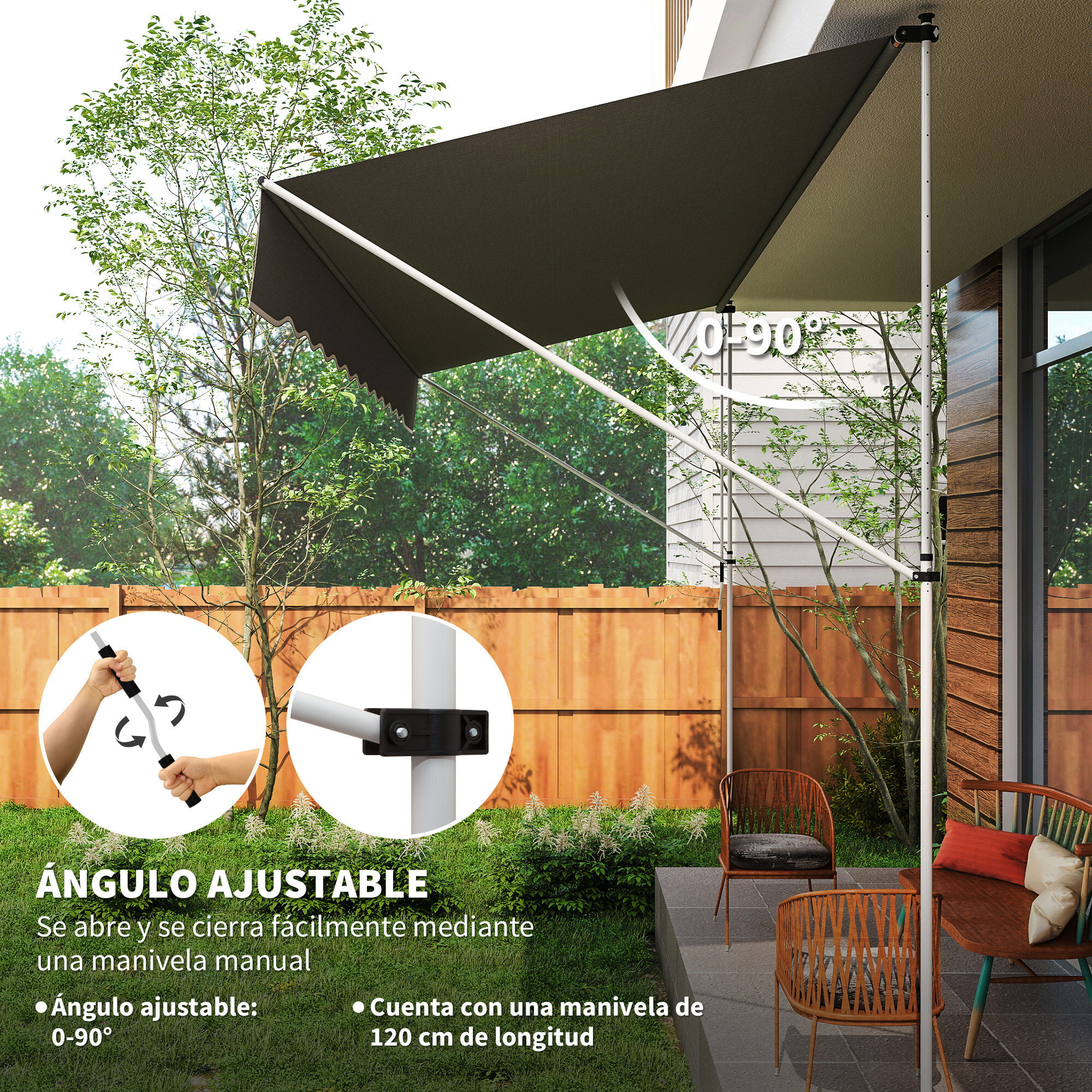 Toldo Manual Retráctil 4x1,2 m, Toldo Exterior Terraza Enrollable, Altura Ajustable 170-280 cm, con Manivela, Anti-UV e Impermeable, Sin Taladro, para Balcón, Jardín, Gris Oscuro