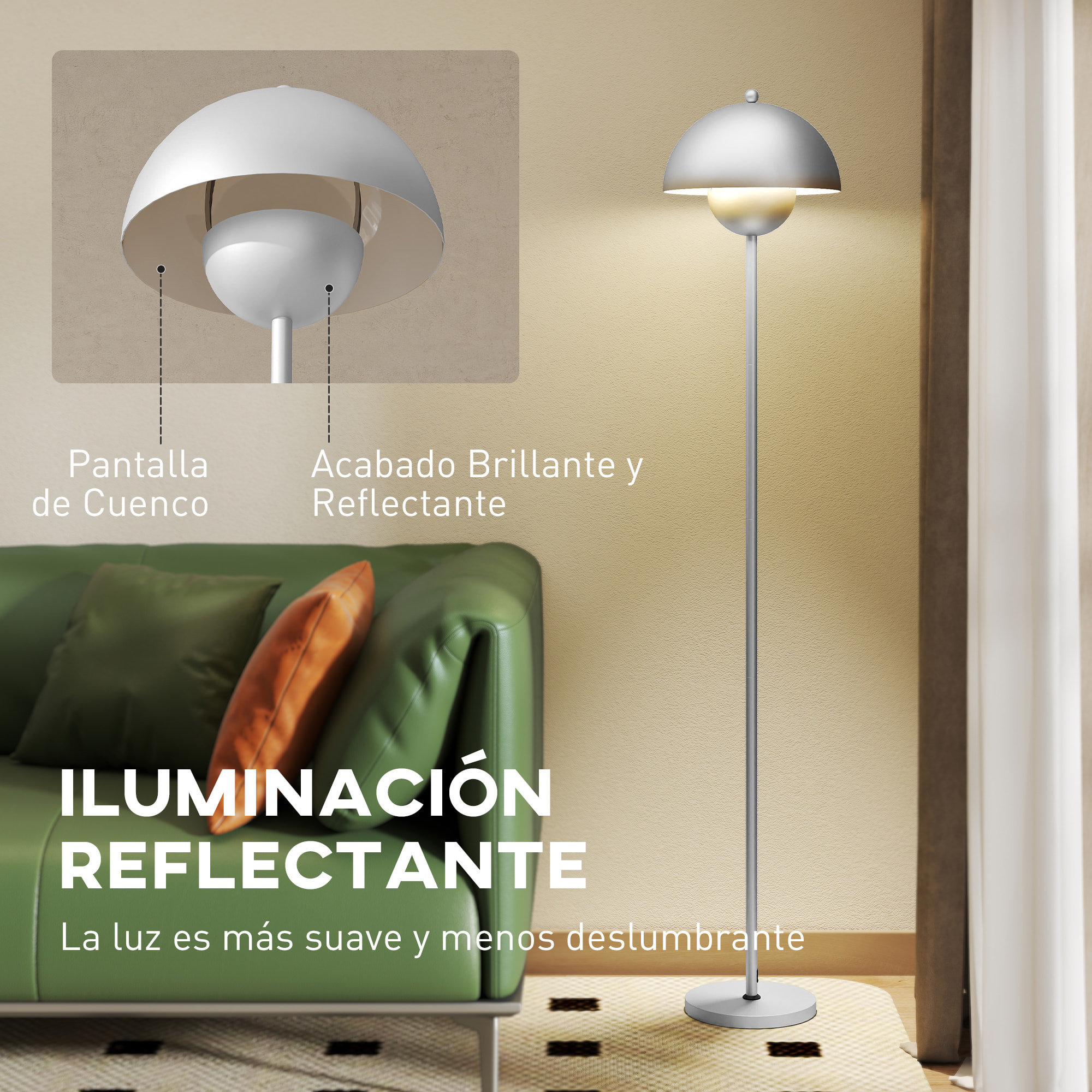 Lámpara de Pie Moderna 155 cm Lámpara de Pie para Salón con Pantalla de Cuenco Reflejando Luz Interruptor de Pie Casquillo E27 Sin Bombilla para Dormitorio Oficina Sala de Estar