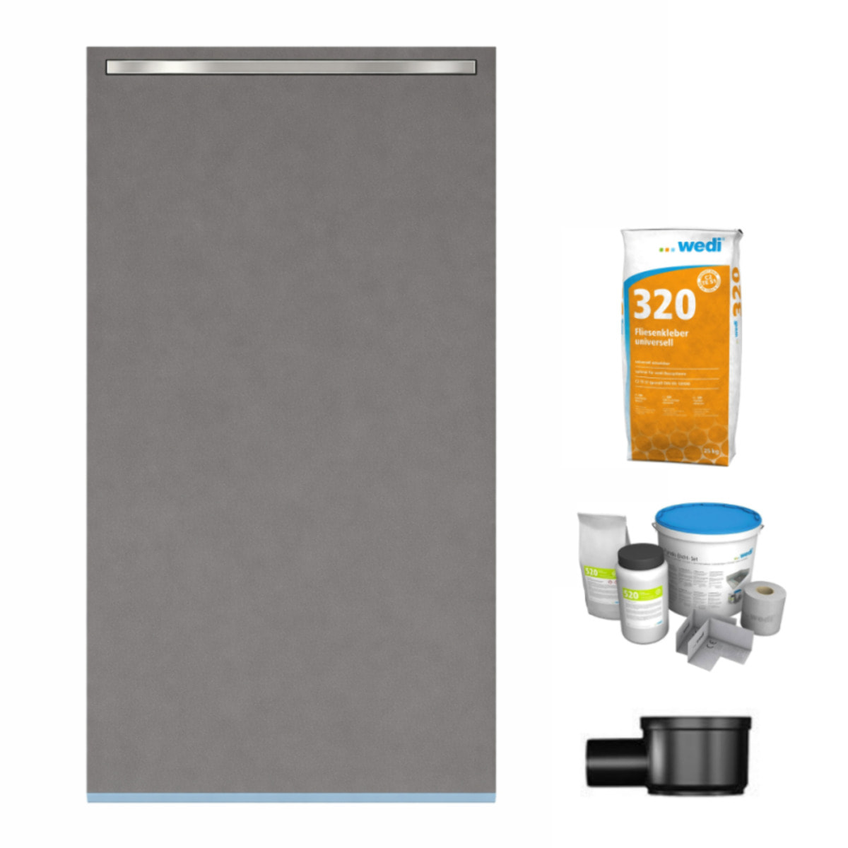 Receveur de douche à carreler 160 x 100 cm Wedi Fundo Riolito Neo + barrette de finition + bonde horizontale + kit d'étanchéité + colle 320