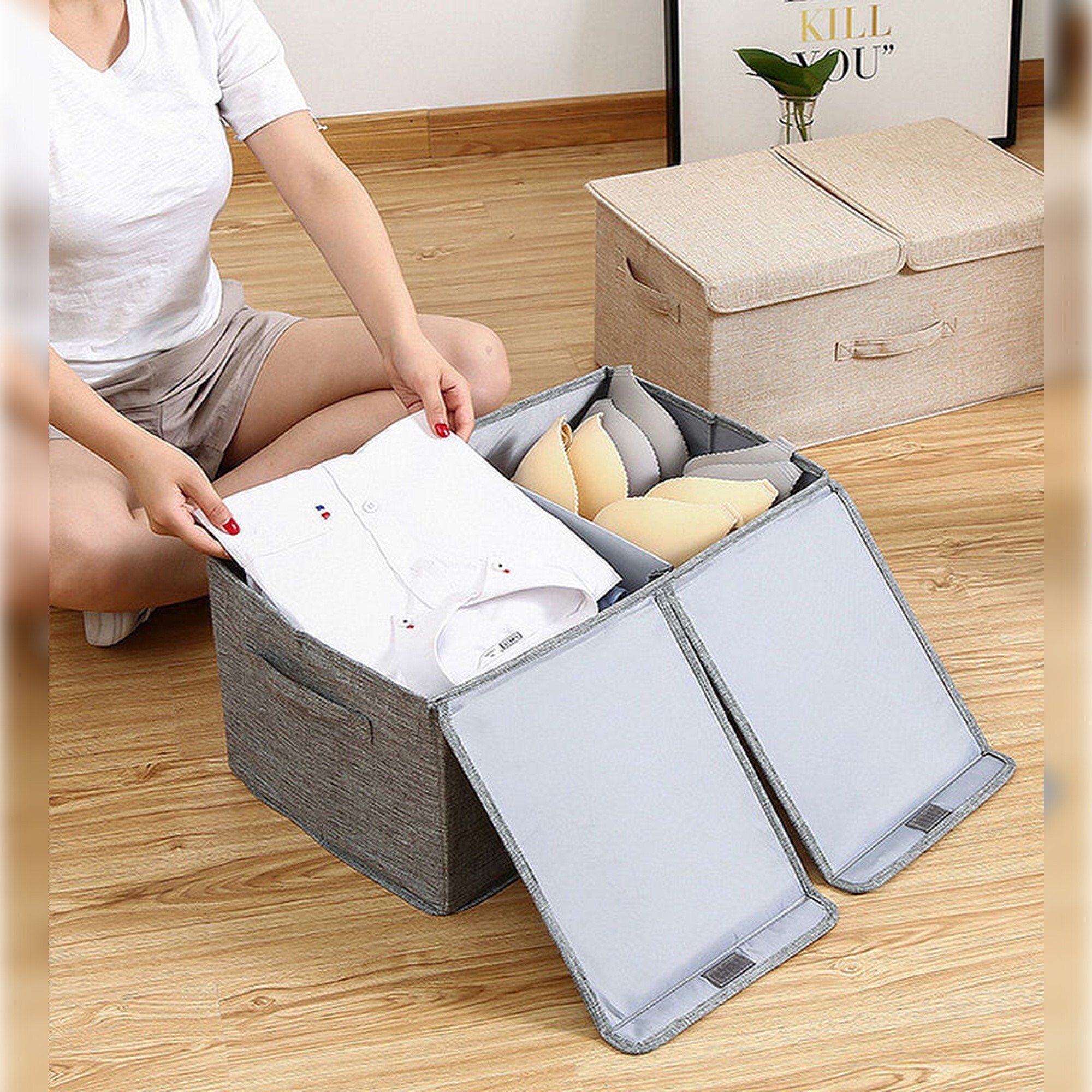 Caja de almacenamiento de ropa de tela plegable con tapa color gris 36l joybos