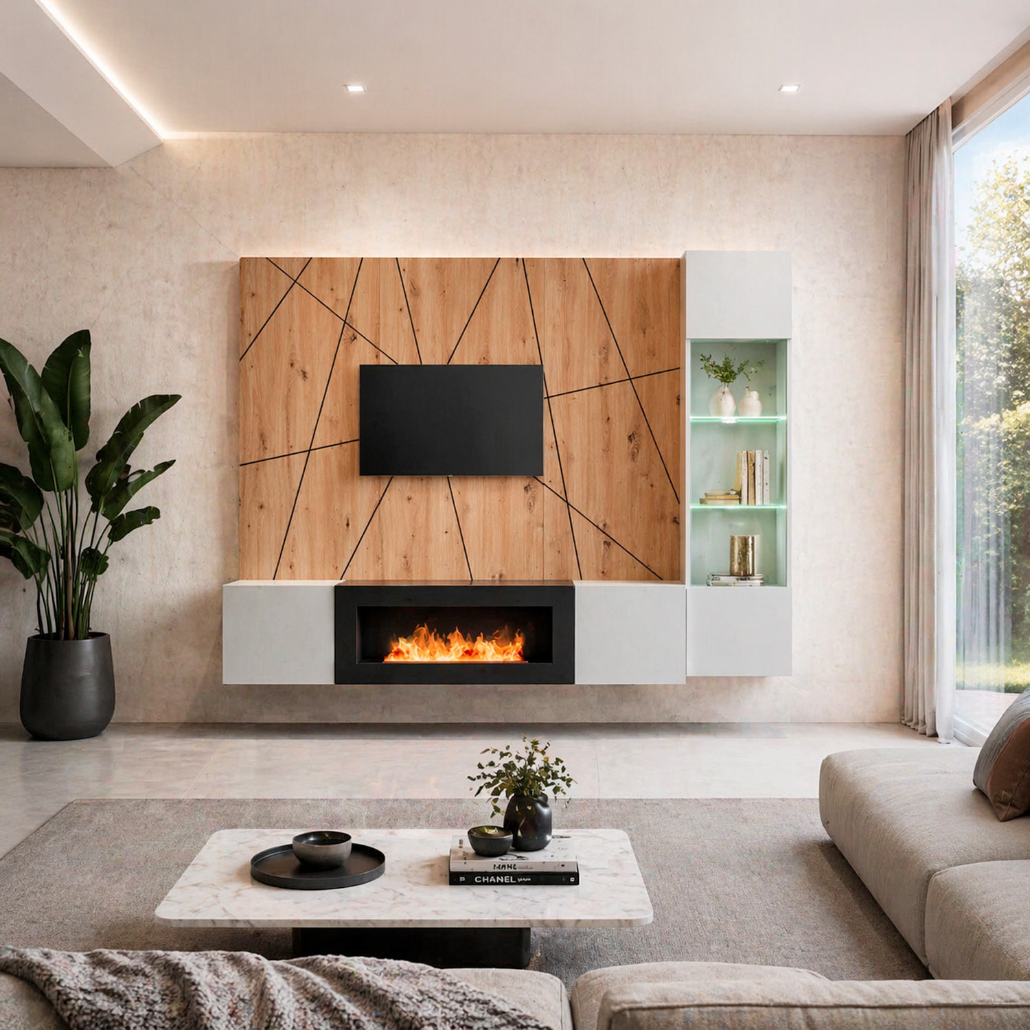 Parete Attrezzata Moderna Per Tv Con Biocamino E Pannello Design Geometrico 2 Ante Ribalta  E 1 Vano A Giorno 200 x 40 x 158 Cm Grigio E Rovere