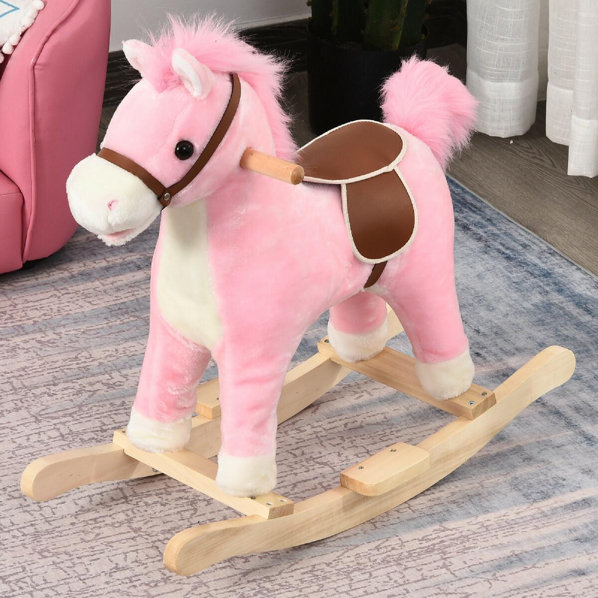 Cheval à bascule selle grand confort peluche courte douce bois peuplier rose dim. 65L x 32,5l x 61H cm