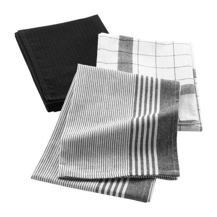 Lot de 3 torchons en coton tissé nid d’abeille - Noir