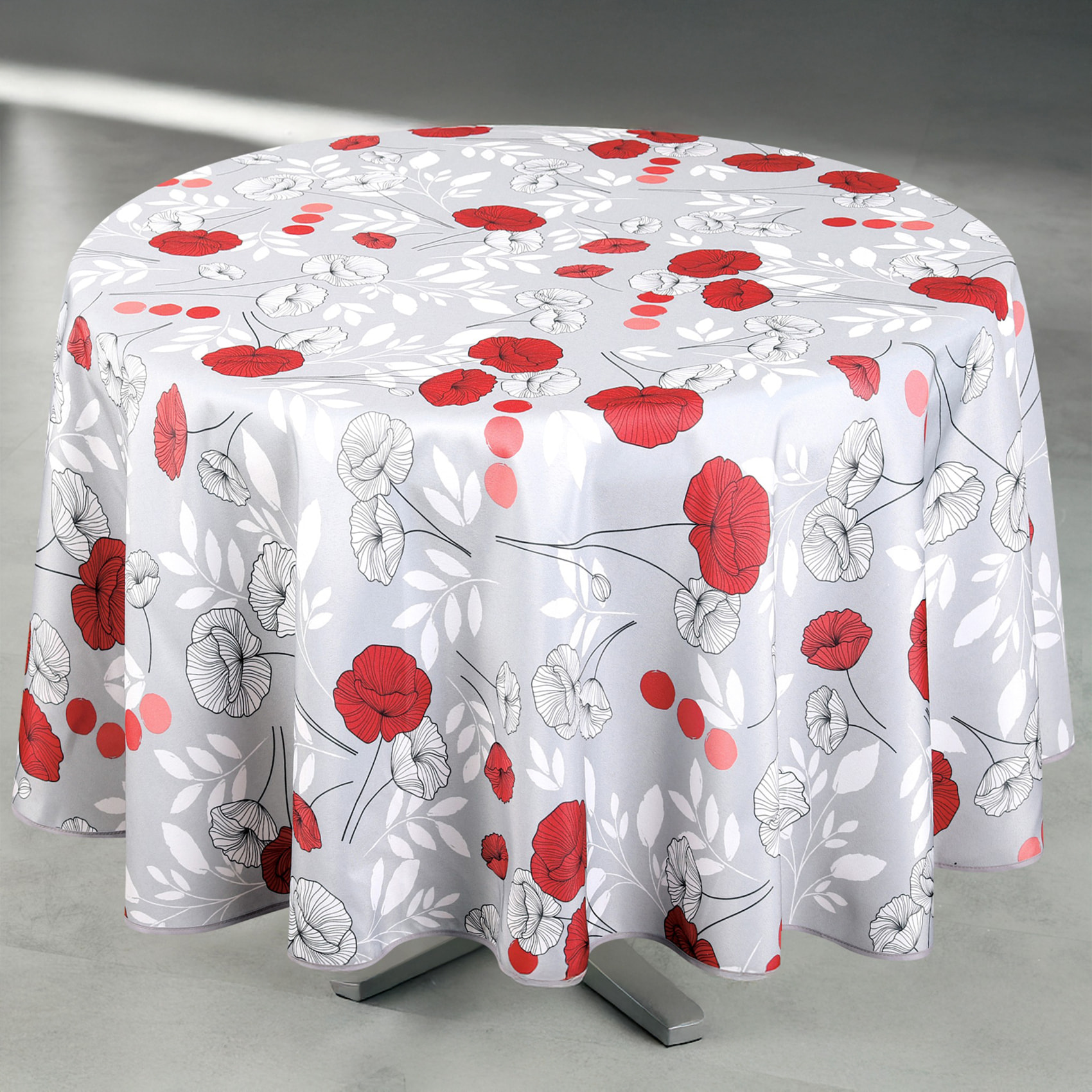 Nappe anti-tâche ronde motif coquelicots - Gris