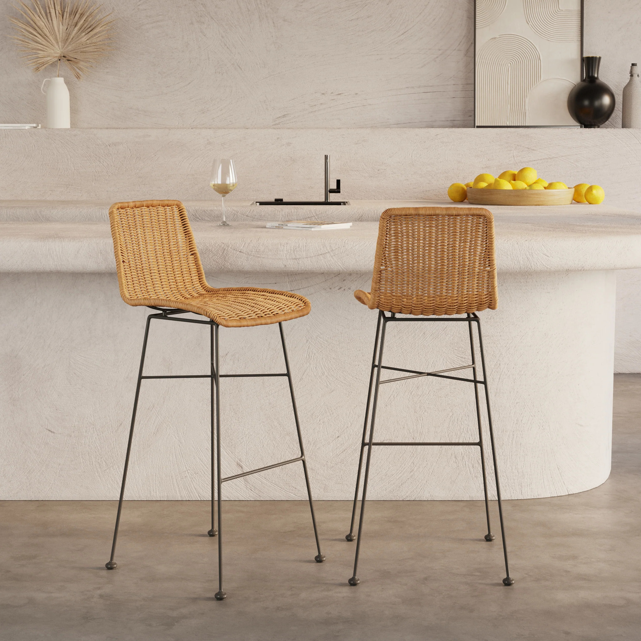 Lot de 2 chaises de bar mi-hauteur 63 cm en résine tressée marron - Mandya