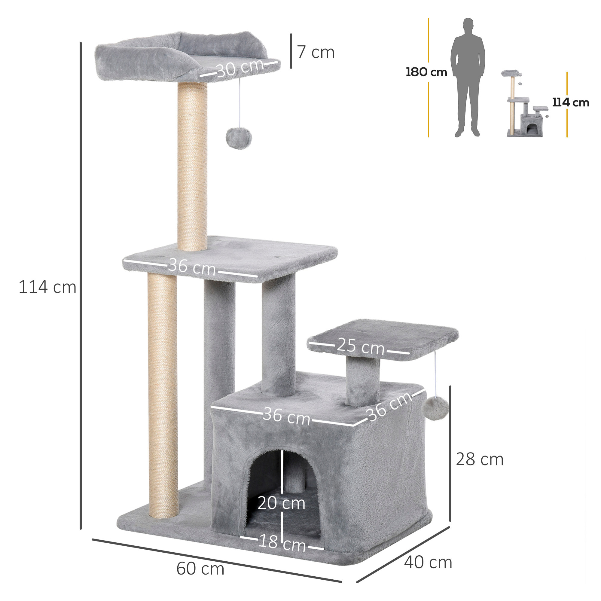 Árbol Rascador para Gatos Altura 114 cm Árbol para Gatos Torre para Gatos con Postes de Sisal 3 Plataformas Casita y 2 Bolas Colgantes Gris Claro