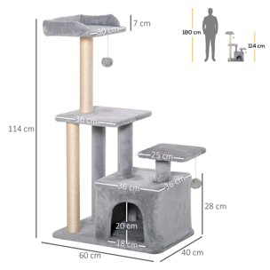 Árbol Rascador para Gatos Altura 114 cm Árbol para Gatos Torre para Gatos con Postes de Sisal 3 Plataformas Casita y 2 Bolas Colgantes Gris Claro