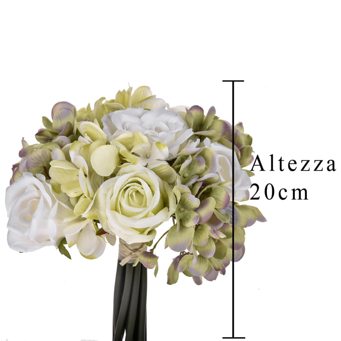 Bouquet Composto Da 11Fiori Di Rose E Ortensie . Altezza 20 Cm - Pezzi 3 - 18X20X5cm - Colore: Bianco - Bianchi Dino - Fiori Artificiali