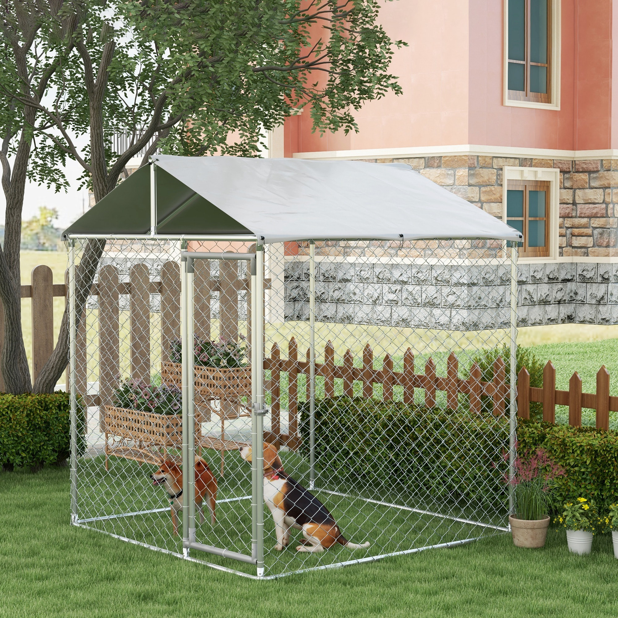 Perrera Jaula de Exterior para Perros Medianos Parque para Perros con Cerradura Marco de Acero Toldo Impermeable y Anti-UV 200x200x237 cm Plata