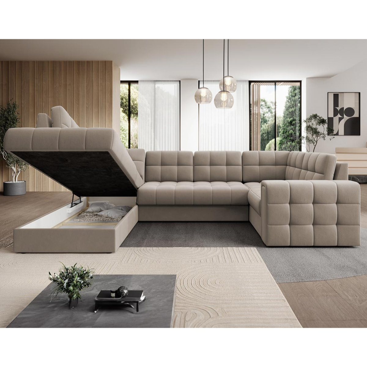Nappa - Canapé panoramique d'angle droit 7 places convertible avec coffre en velours - Beige