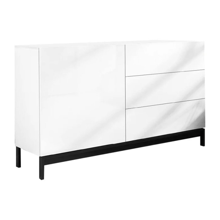 Credenza moderna a 1 anta e 3 cassetti, Made in Italy, Madia da cucina, Buffet di design da soggiorno, con piedini, cm 110x40h47, colore Bianco lucido