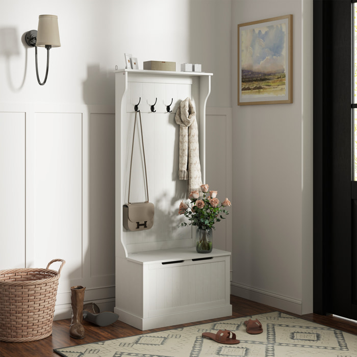 Perchero Zapatero, Perchero Recibidor con Banco de Almacenamiento, 4 Ganchos, para Pasillo, Dormitorio, Salón, Estilo Moderno, 71,5x39,5x170 cm, Blanco