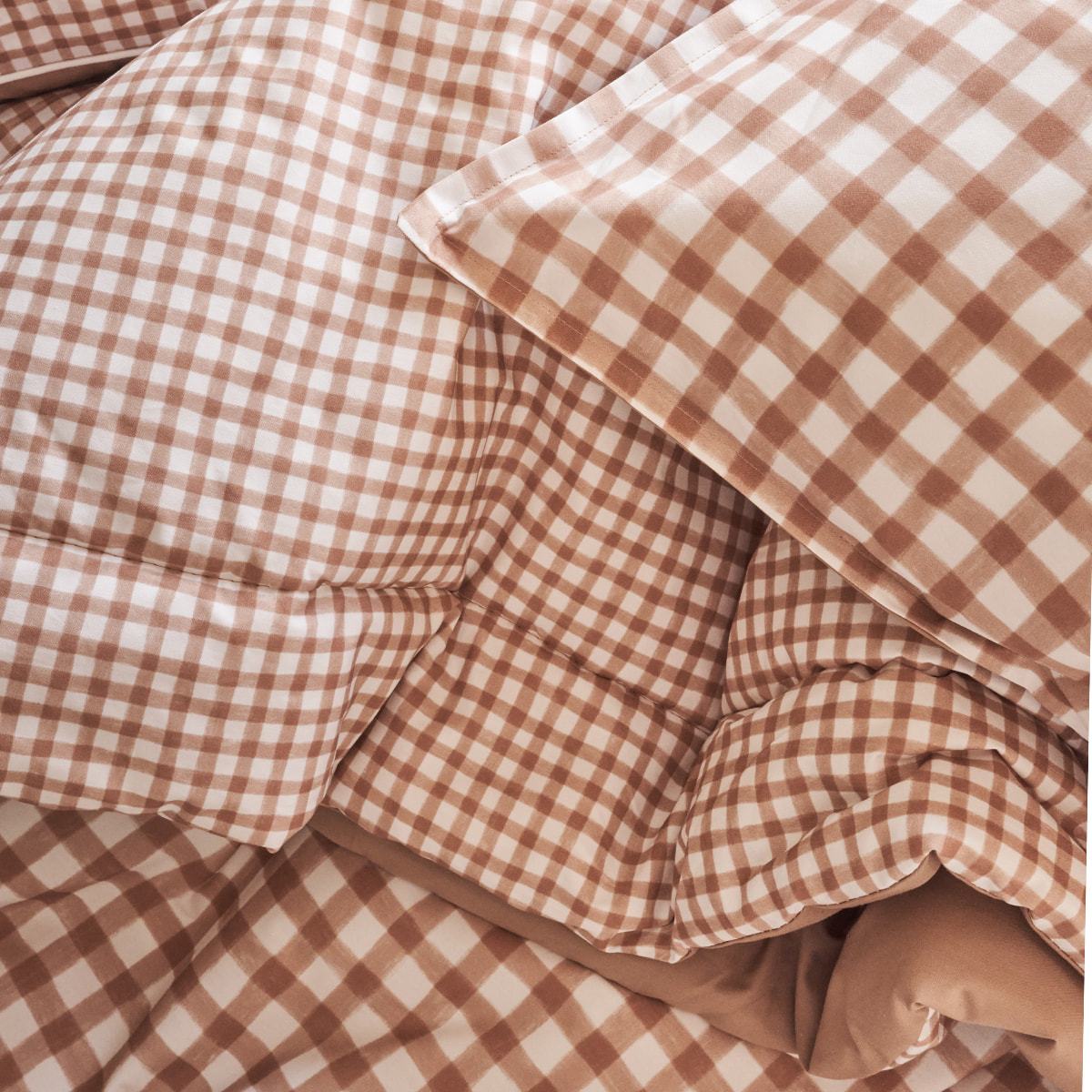 Edredon imprimé en percale de coton, Made in France, VICHY , Beige Dune