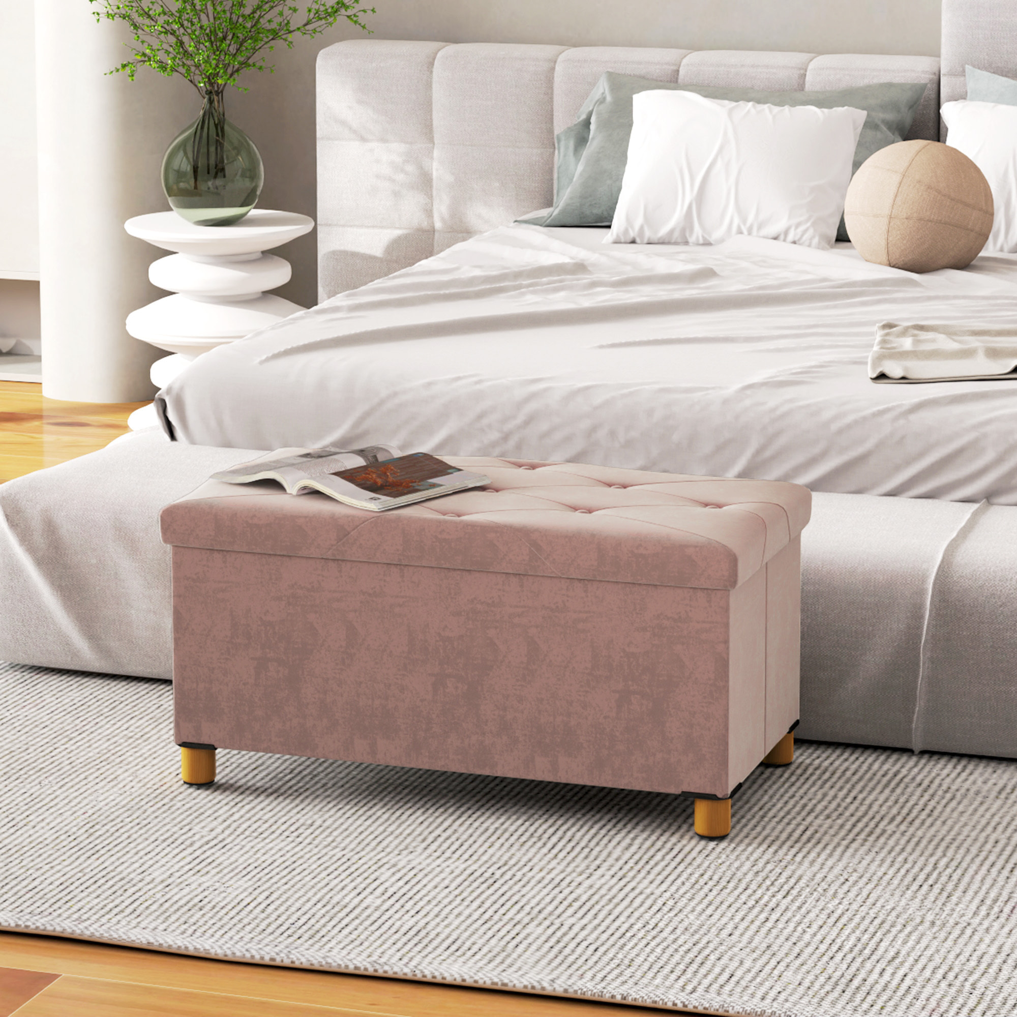 Puff Almacenaje, Banco Almacenaje Plegable, Capacidad de 67 L, 76x38x38 cm, Tapizado en Terciopelo, Baúl de Almacenamiento Dormitorio, Carga 120 kg, para Sala de Estar, Entrada, Rosa
