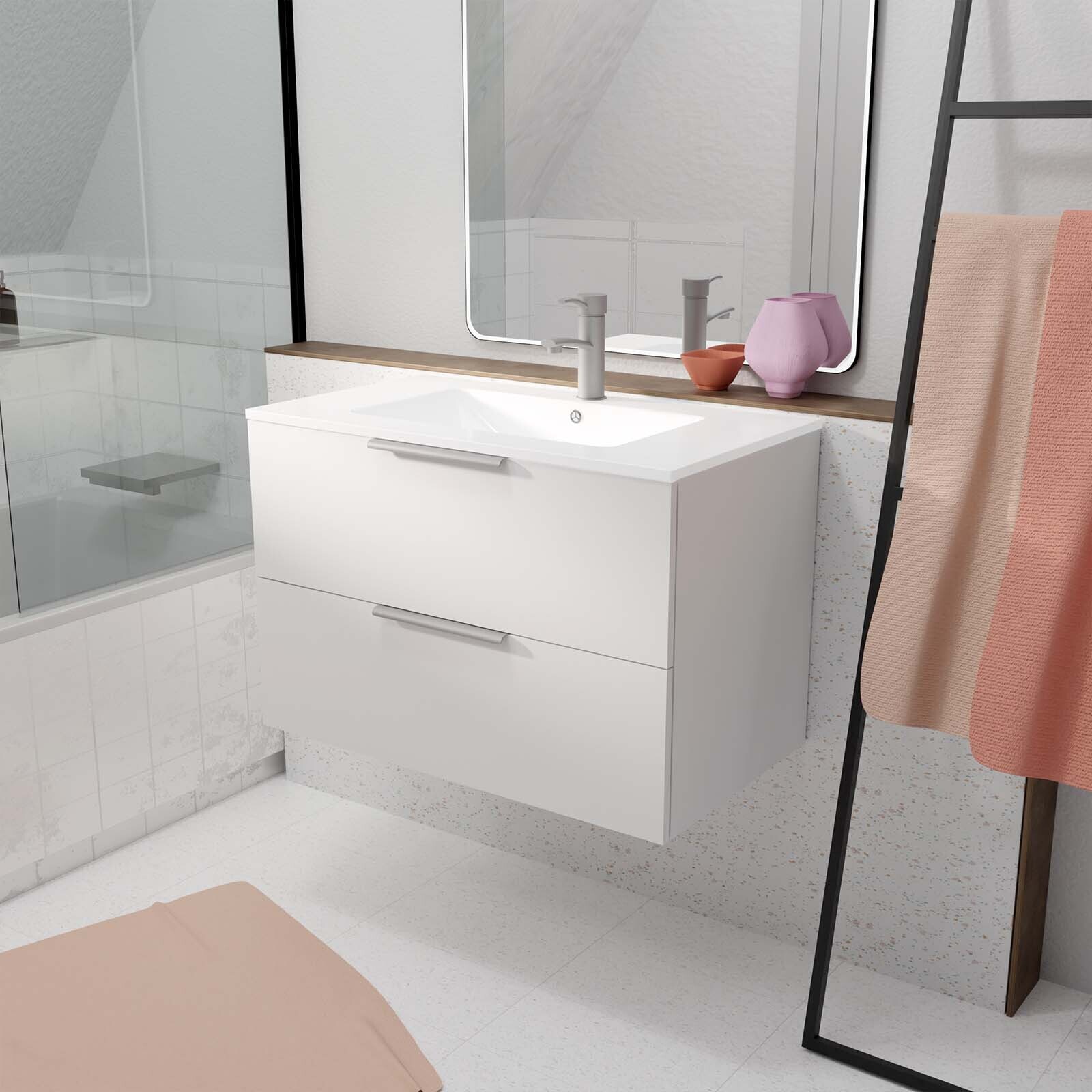 Meuble de Salle de Bains 60cm Suspendu Blanc 2 Tiroirs - Vasque Blanche - ELEMENTARY