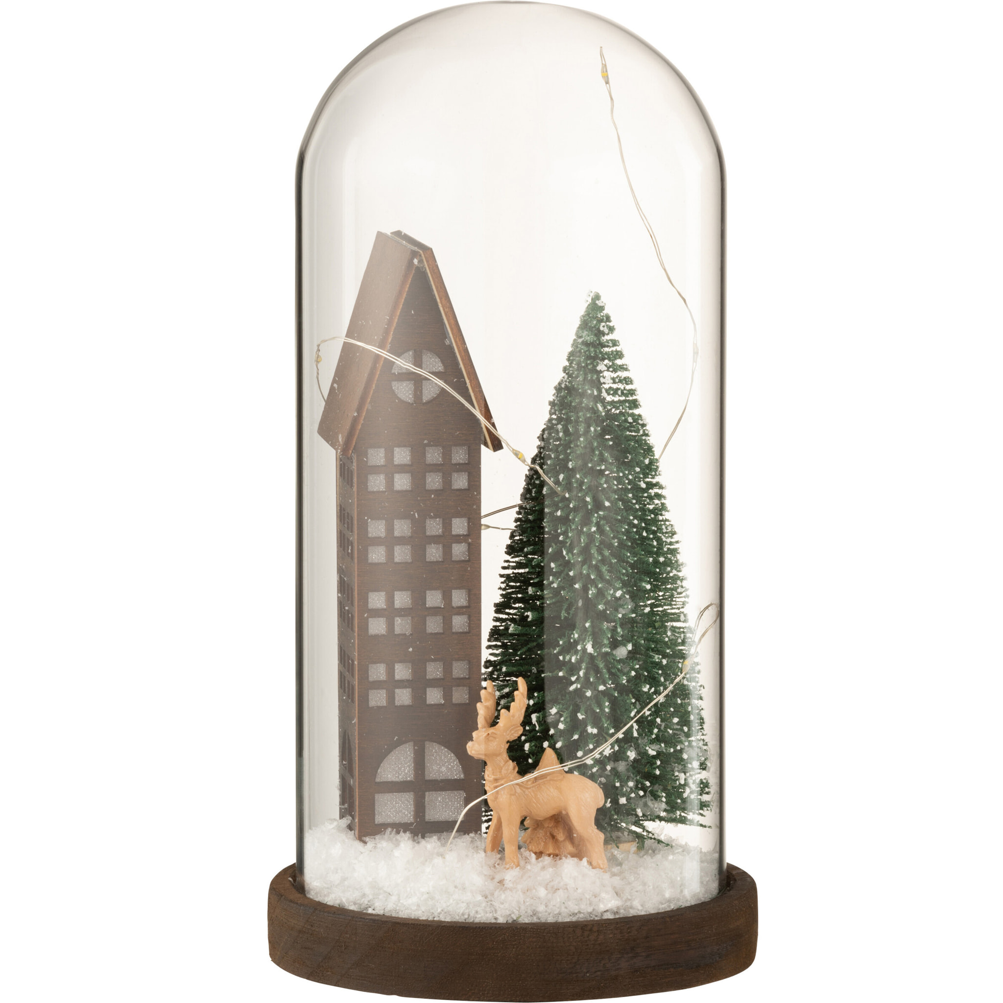 J-Line décoration Cloche Village de Noël - verre/bois - marron/vert - large - LED