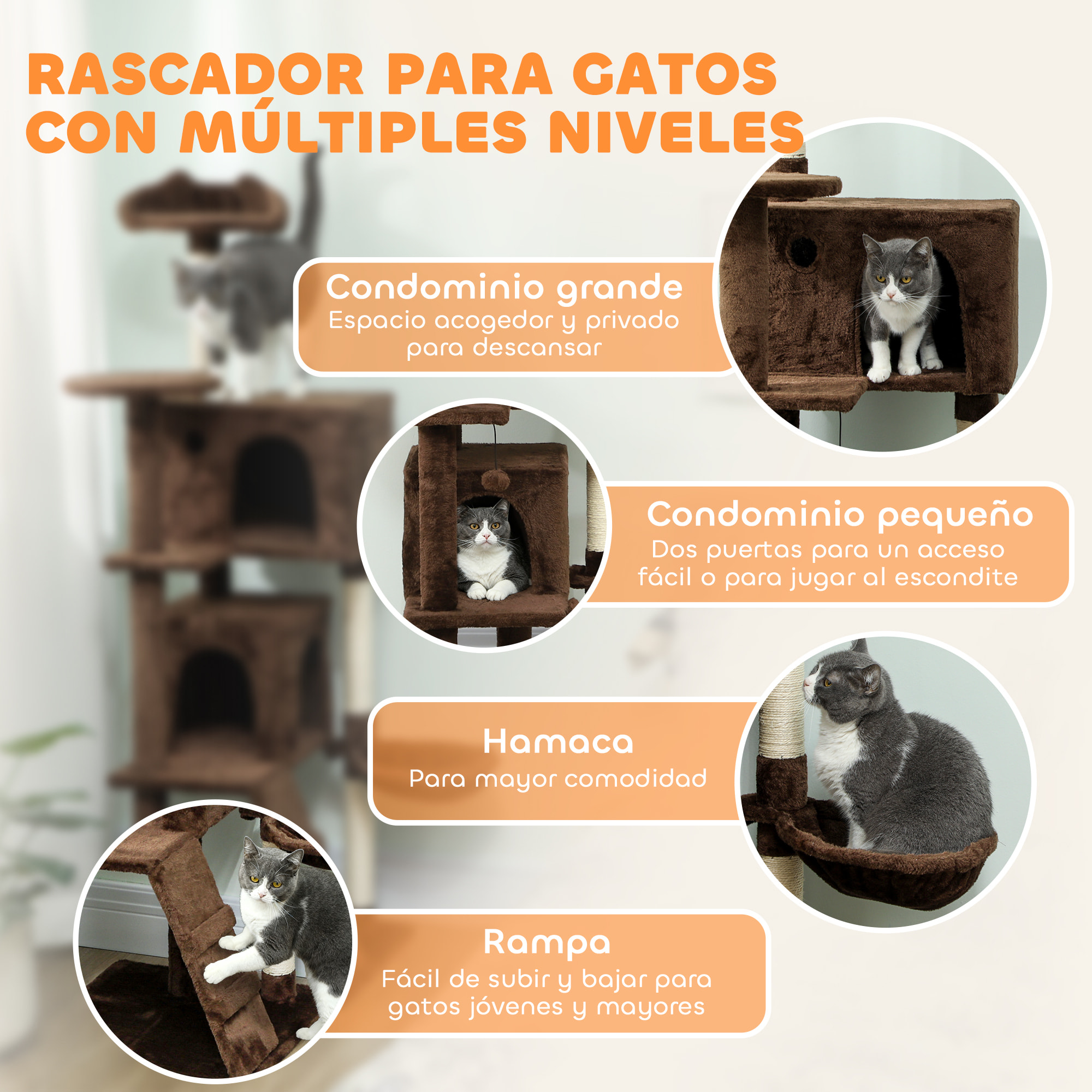 Árbol Rascador para Gatos, Árbol para Gatos 160 cm, Torre Escalador con Múltiples Plataformas, Cama, 2 Cuevas, Hamaca, Escalera, Postes de Sisal, Bolas para Jugar, Marrón