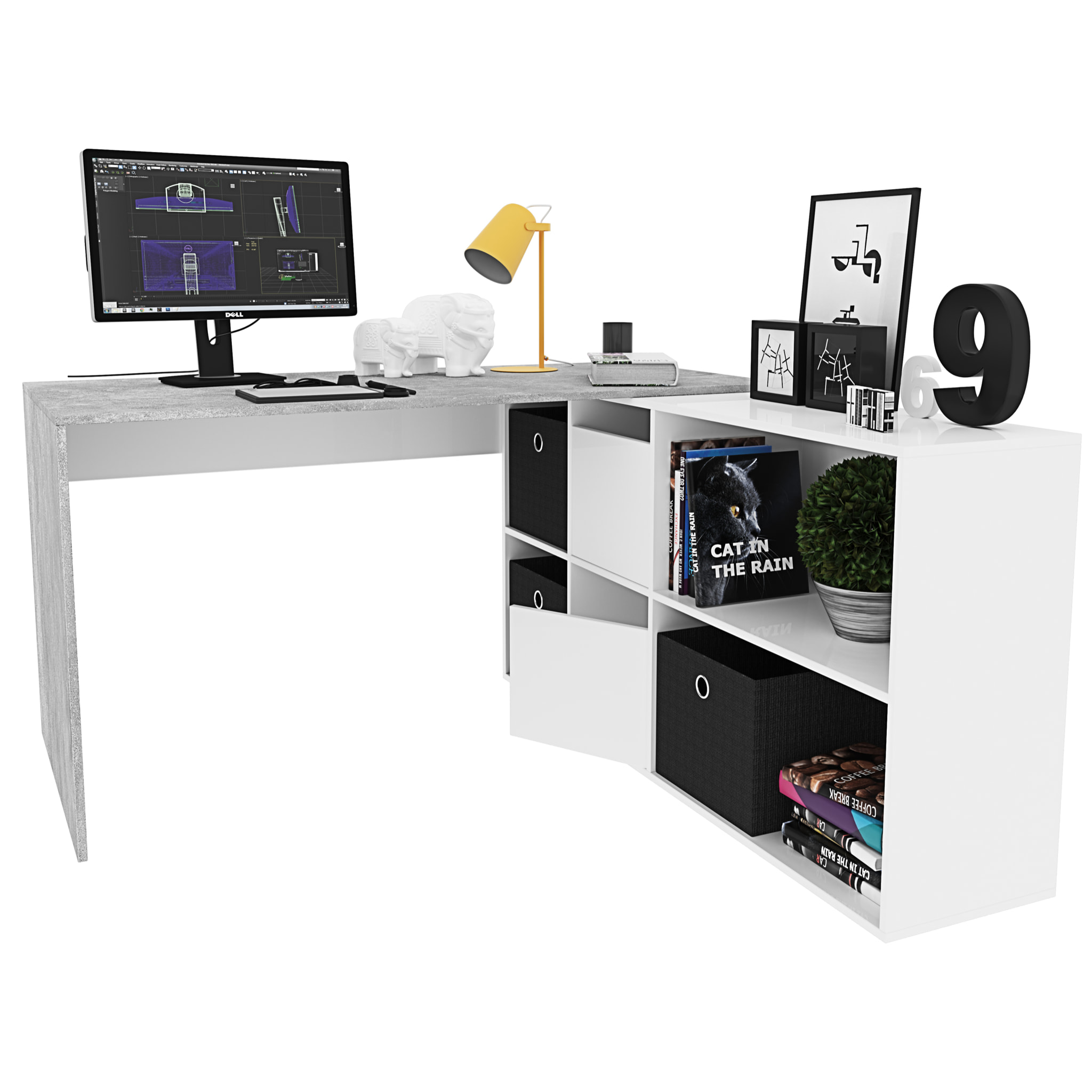 Scrivania Multiposizione con Scompartimenti Murcia Scrittoio Mobile per Computer Desk da Ufficio Soggiorno Sala Pranzo 136x74x66 cm Bianco E Grigio