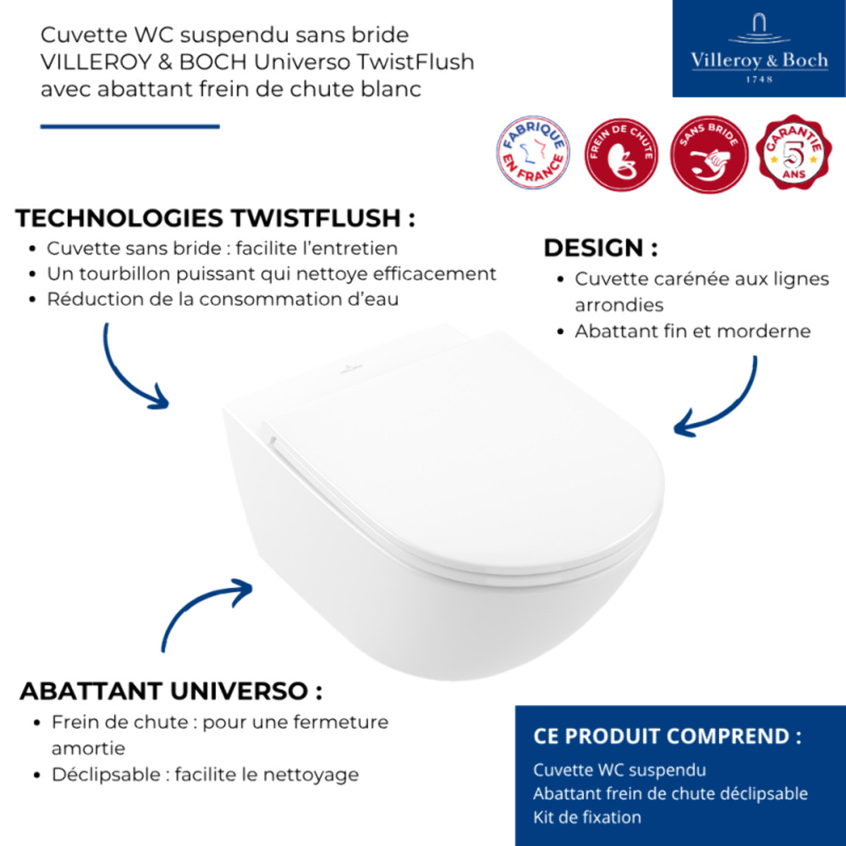 Cuvette WC suspendu sans bride VILLEROY & BOCH Universo TwistFlush avec abattant frein de chute blanc