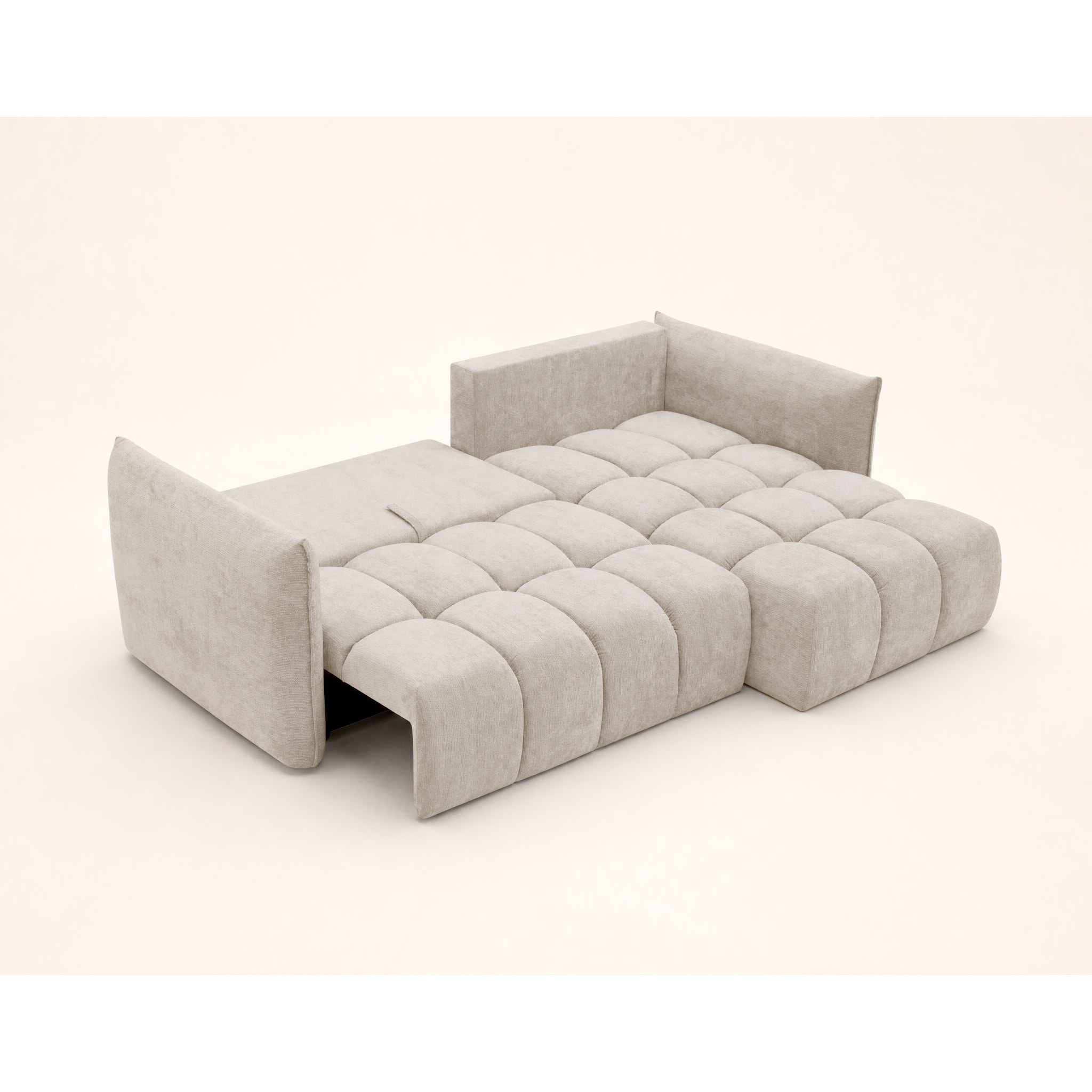 Ambroise - Canapé d'angle droit 4 places convertible avec coffre en velours texturé - Beige