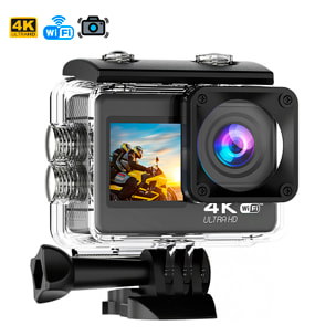Camera Sportiva AT-S60 TR 4k 60fps con 24 mpx, doppio schermo da 2" e 1.3" con una moltitudine di accessori sportivi e WIFI.