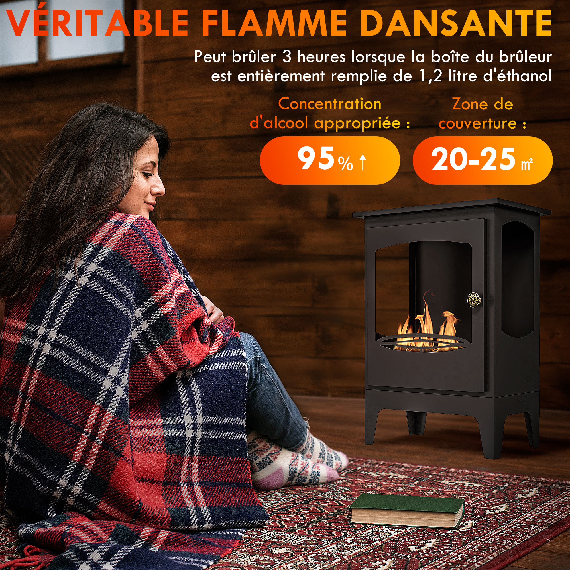 Cheminée bioéthanol sur pied style néo-rétro poêle - brûleur 1,2 L - contrôle de flamme et manche inclus - acier noir