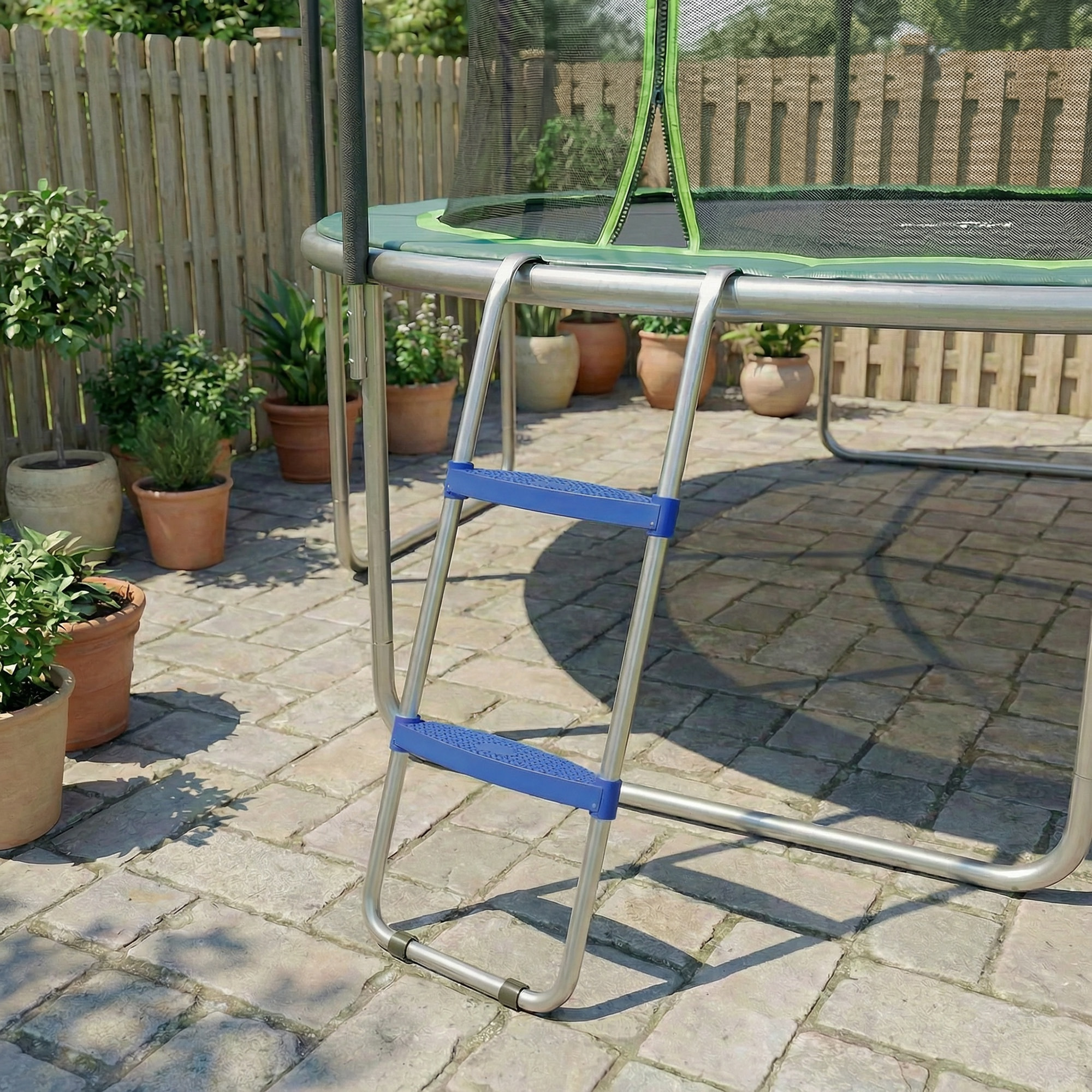 Échelle de trampoline 2 marches larges 150 Kg max. acier PP gris bleu