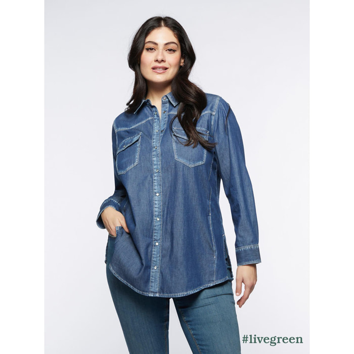 Fiorella Rubino - Camicia lunga in chambray - Blu