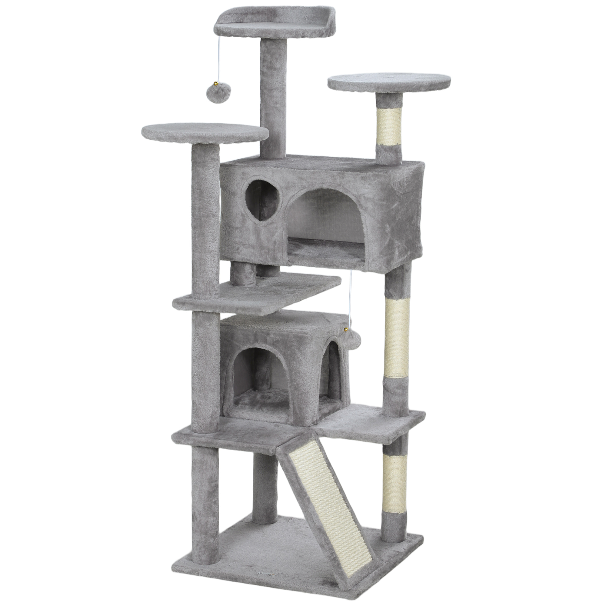 Arbre à chat 2 niches grattoir griffoirs plate-formes 2 niches 2 jouets pompons peluche grise