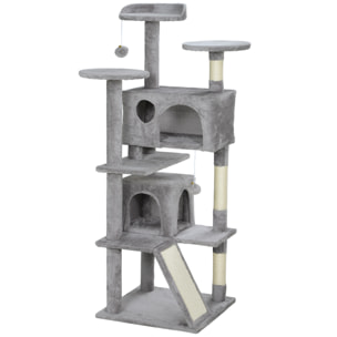Arbre à chat 2 niches grattoir griffoirs plate-formes 2 niches 2 jouets pompons peluche grise