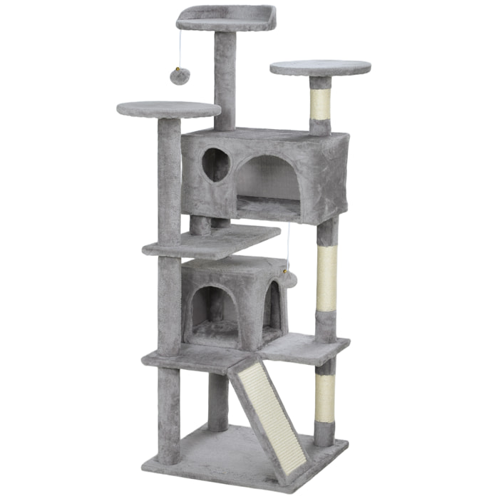 Arbre à chat 2 niches grattoir griffoirs plate-formes 2 niches 2 jouets pompons peluche grise