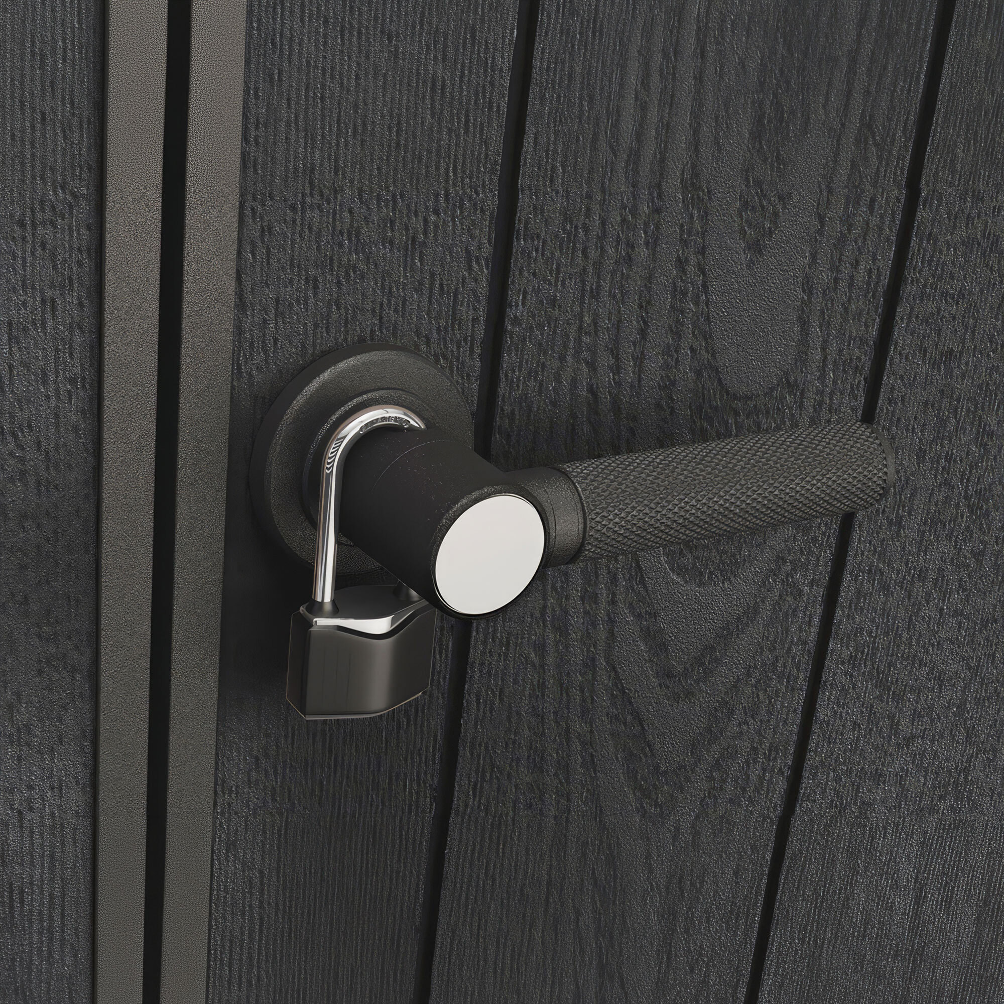 Pent 11x7 - Casetta da Giardino 342x226x218 cm 2 Ante per deposito attrezzi finitura effetto legno Evotech+ in Resina Marrone e Nero