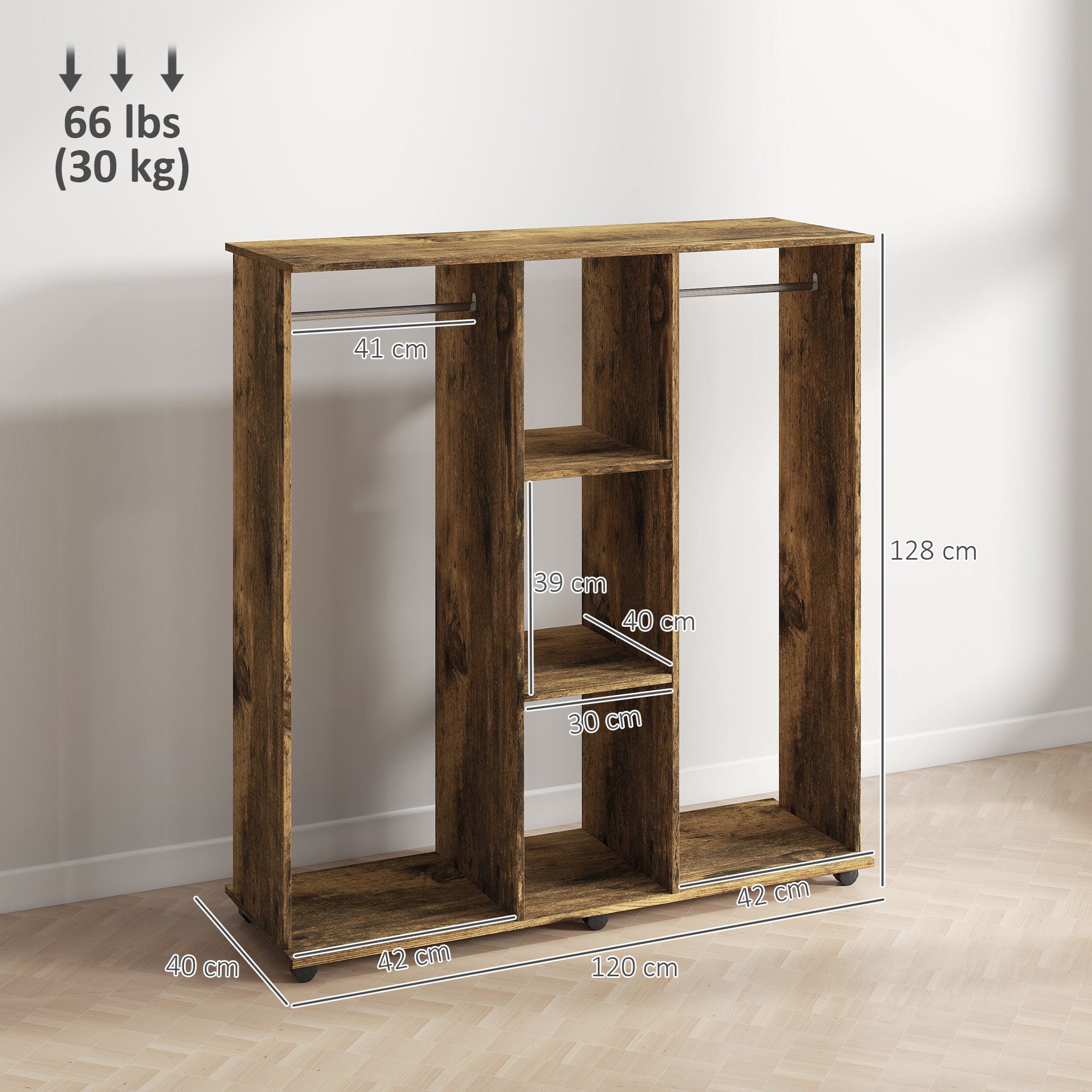 Armoire penderie meuble de rangement mobile 6 roulettes 120L x 40l x 128H cm panneaux de particules aspect bois vieilli