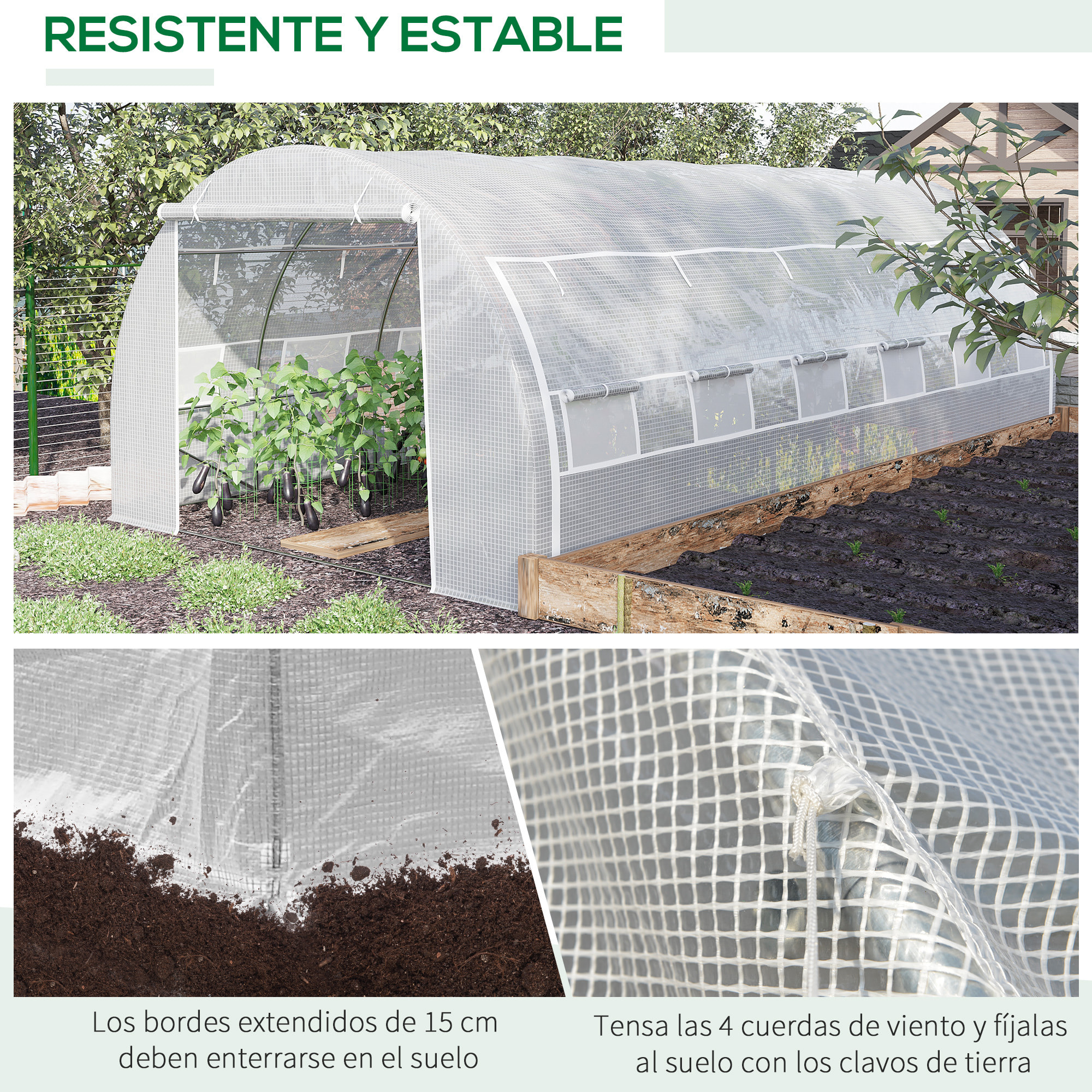 Invernadero de Túnel de Jardín 6x3x2 m con Puerta y 12 Ventanas Enrollables de Polietileno 140 g/m² y Acero Galvanizado para Cultivos Plantas Flores Blanco