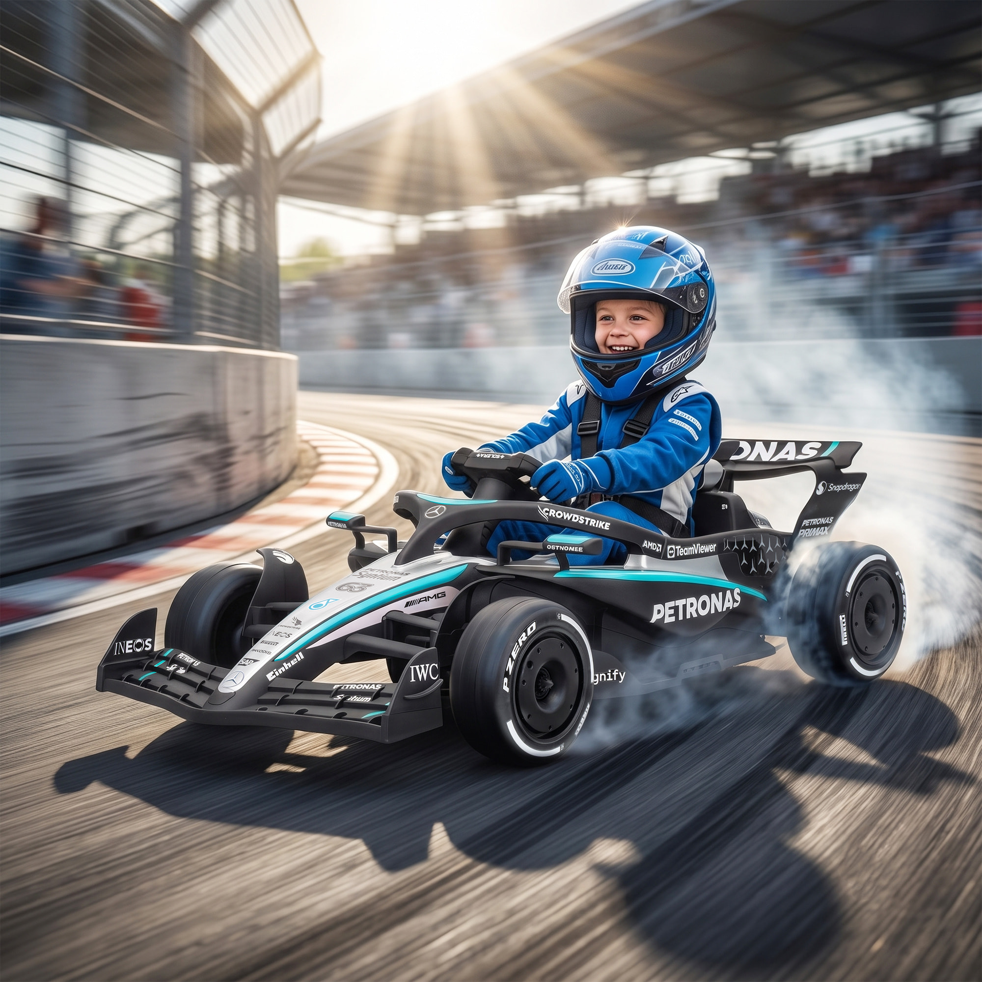 AIYAPLAY Kart Eléctrico para Niños 12V Mercedes-AMG PETRONAS F1, Go Kart Mando a Distancia 2,4G, 2 Motores, Suspensión Trasera, Arranque Suave, 3,3-5,5km/h, Luces LED, Música, Claxon, 3-5 Años, Negro