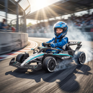AIYAPLAY Kart Eléctrico para Niños 12V Mercedes-AMG PETRONAS F1, Go Kart Mando a Distancia 2,4G, 2 Motores, Suspensión Trasera, Arranque Suave, 3,3-5,5km/h, Luces LED, Música, Claxon, 3-5 Años, Negro