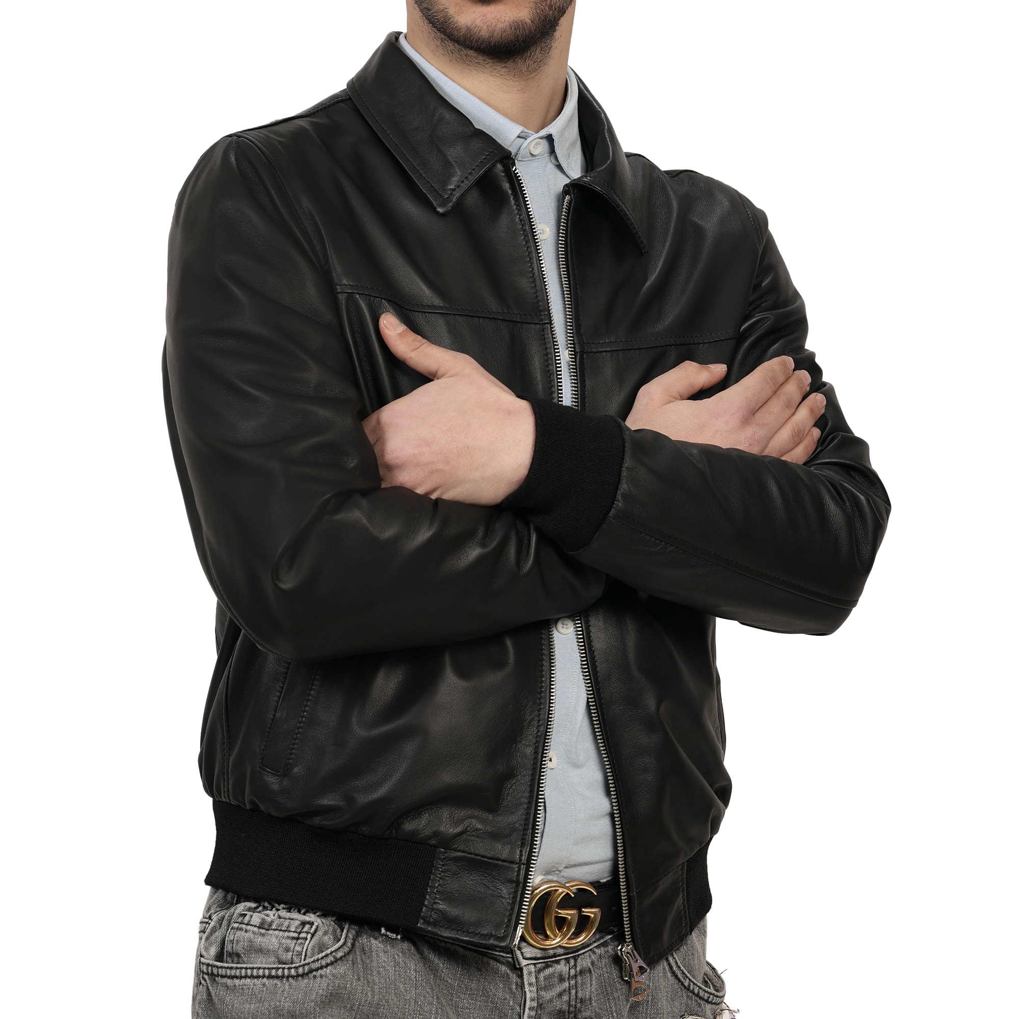 Giubbino in vera pelle di vitello Nero-Slim Fit