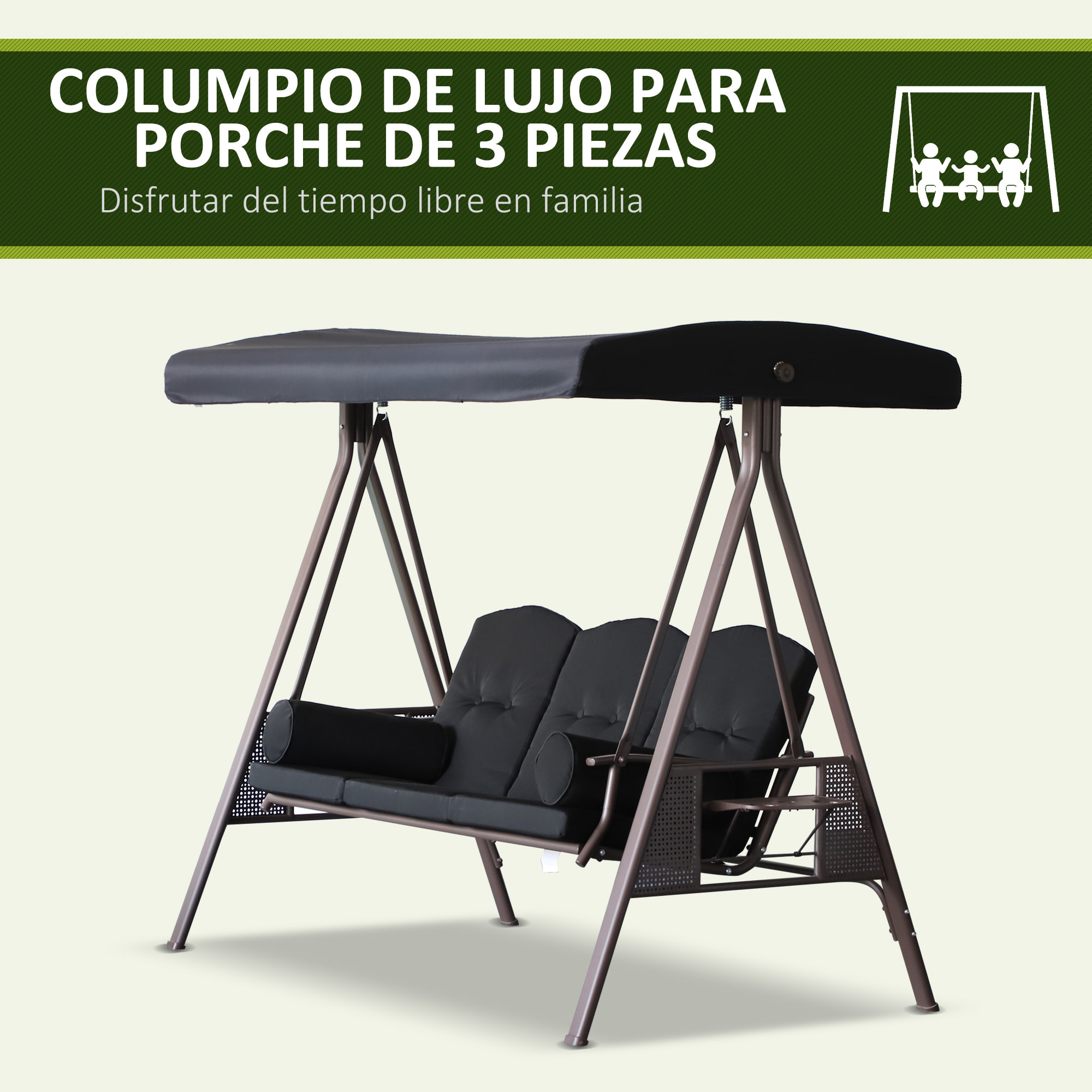 Columpio de Jardín Exterior de 3 Plazas Balancín de Jardín Exterior con Toldo Ajustable Bandejas Laterales 2 Almohadas y Marco de Metal Carga 360 kg 208x121x172 cm Negro